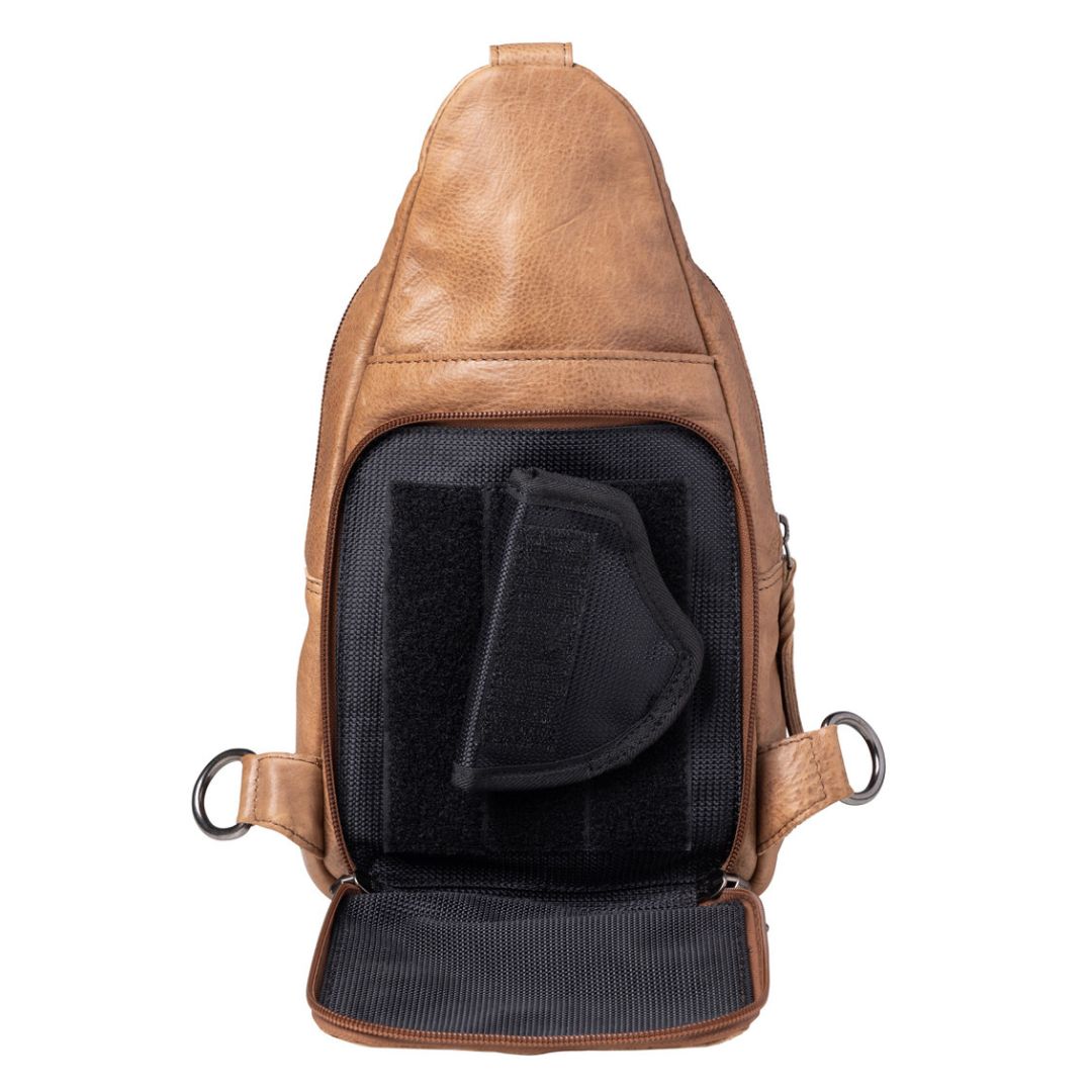 Concealed Carry Unisex Taylor Sling Leather Backpack by Lady Conceal
