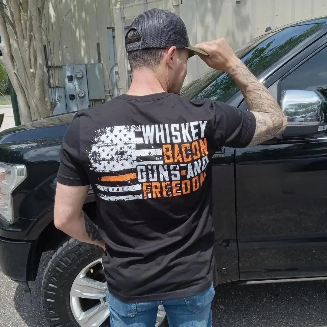Whiskey, Bacon, Guns, and Freedom Short Sleeve T-Shirt - Rounded by Concealment Express