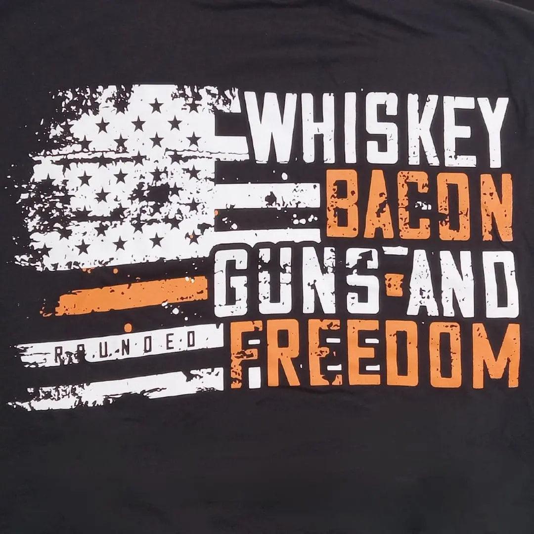 Whiskey, Bacon, Guns, and Freedom Short Sleeve T-Shirt - Rounded by Concealment Express